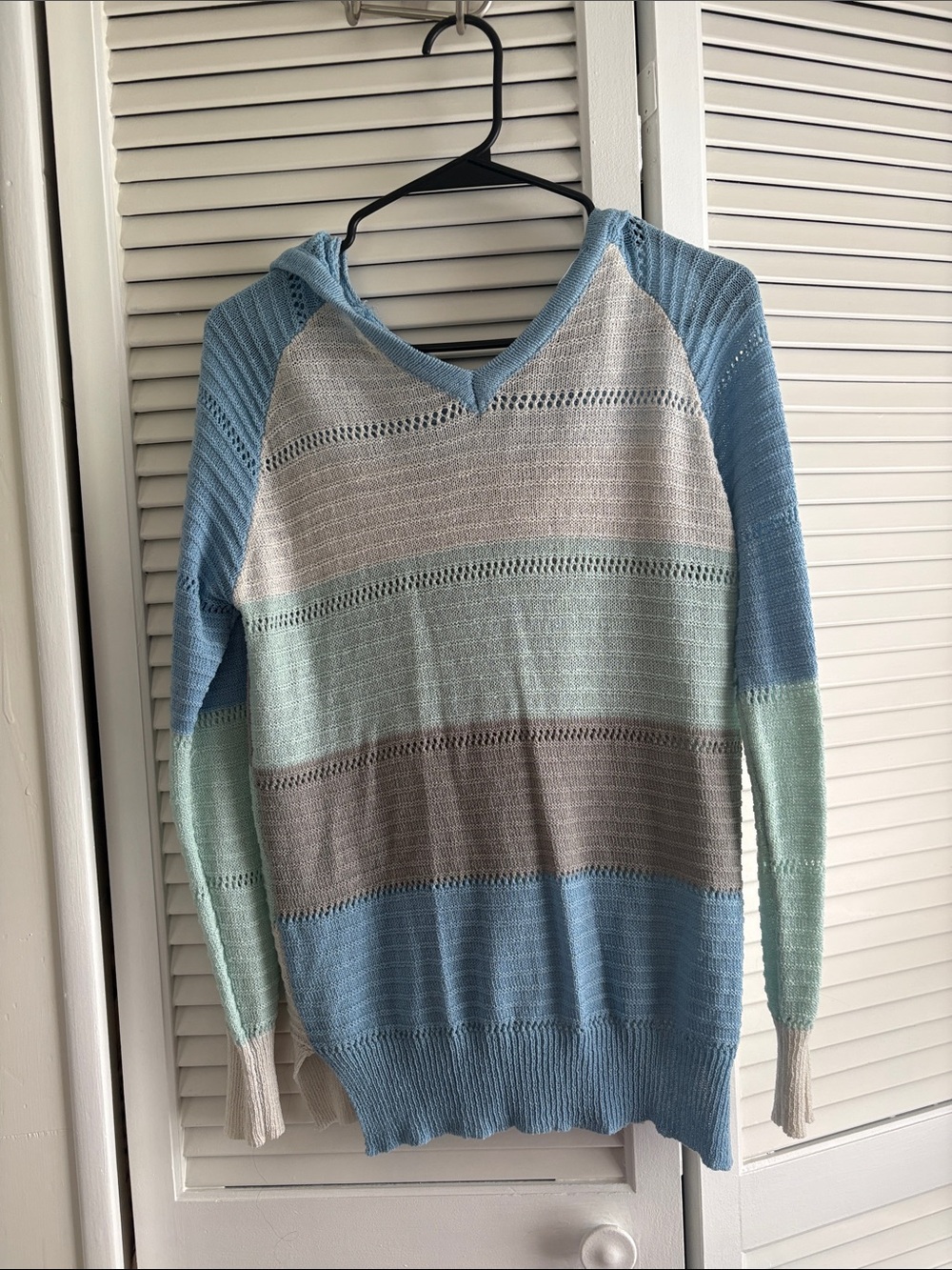 Light Blue, Cream, Grey & Mint Striped V-Neck Hooded Sweater